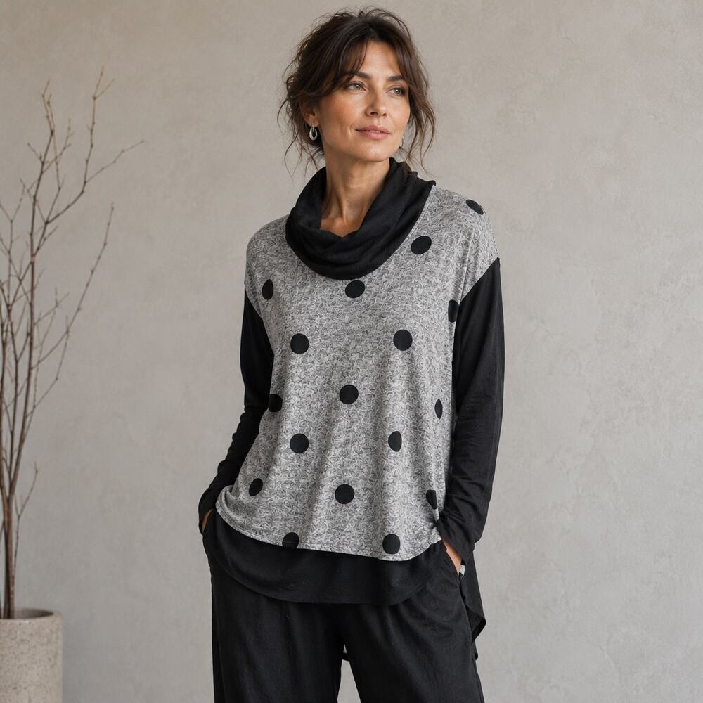 Ali Miles Black Gray Dotted Mixed Media 3/4 Sleeve Top Medium